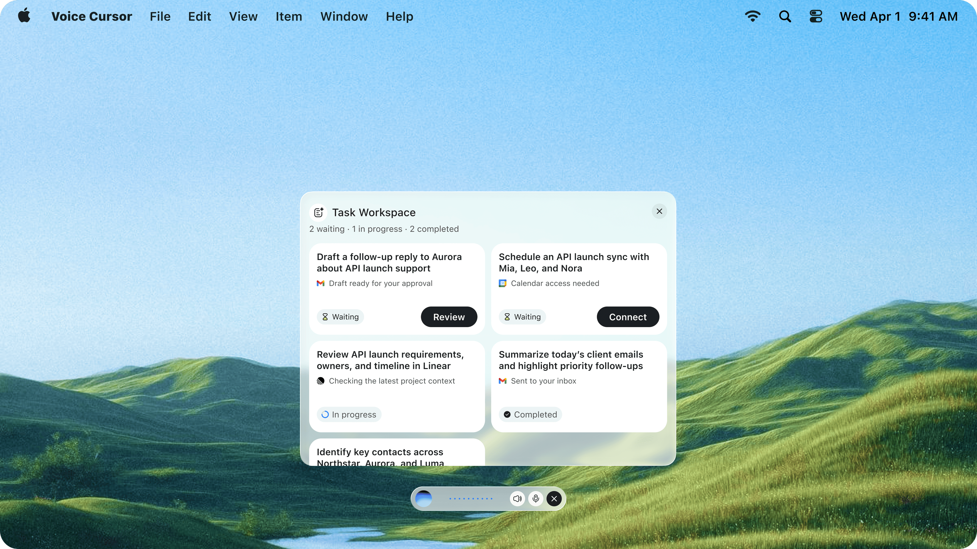 Action Mode's Task Workspace on a Mac desktop, showing tasks waiting for approval, in progress, and completed.