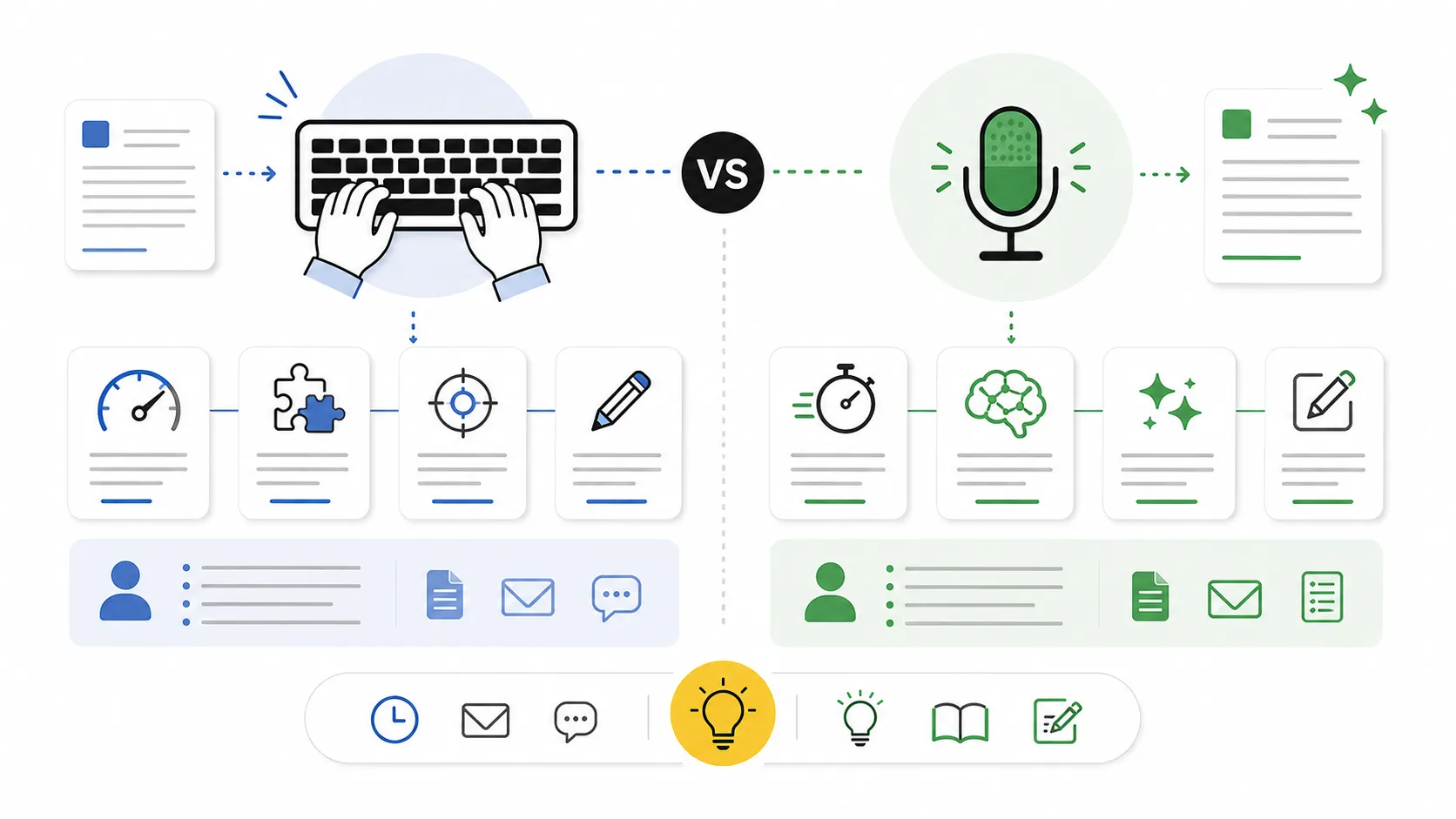 Abstract editorial illustration comparing voice dictation and keyboard typing workflows