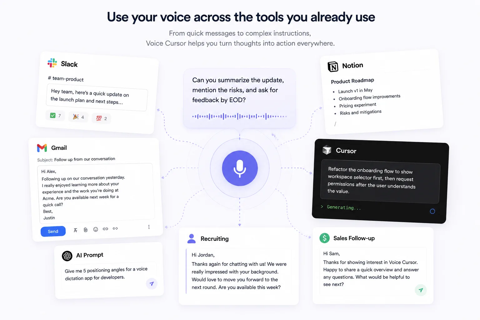 Voice Cursor used across Slack, Gmail, Notion, Cursor, recruiting, sales follow-up, and AI prompts