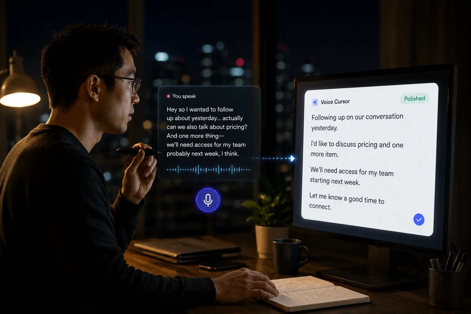 Person using Voice Cursor to turn spoken notes into polished writing