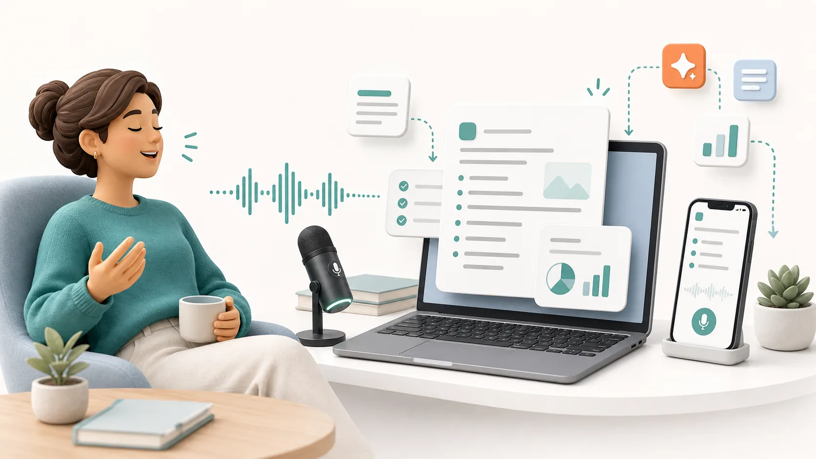 Abstract editorial illustration of hands-free writing through AI dictation