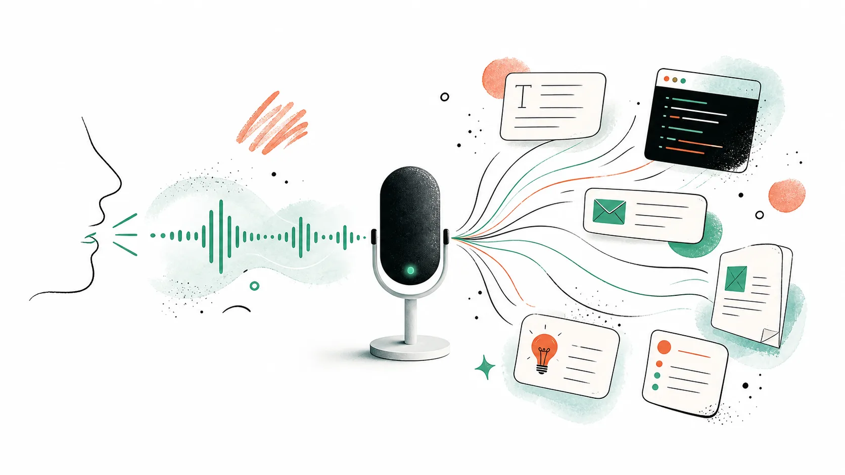 Abstract editorial illustration of future writing moving from speech to polished text