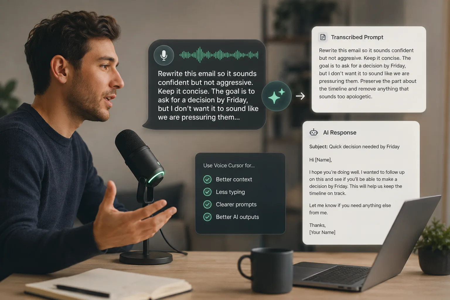 Person using Voice Cursor to dictate a detailed AI prompt and generate a polished response