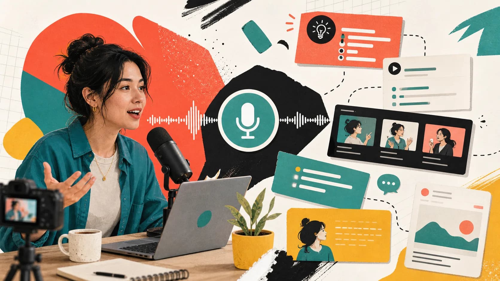 Abstract editorial illustration of creator hooks and scripts captured from speech