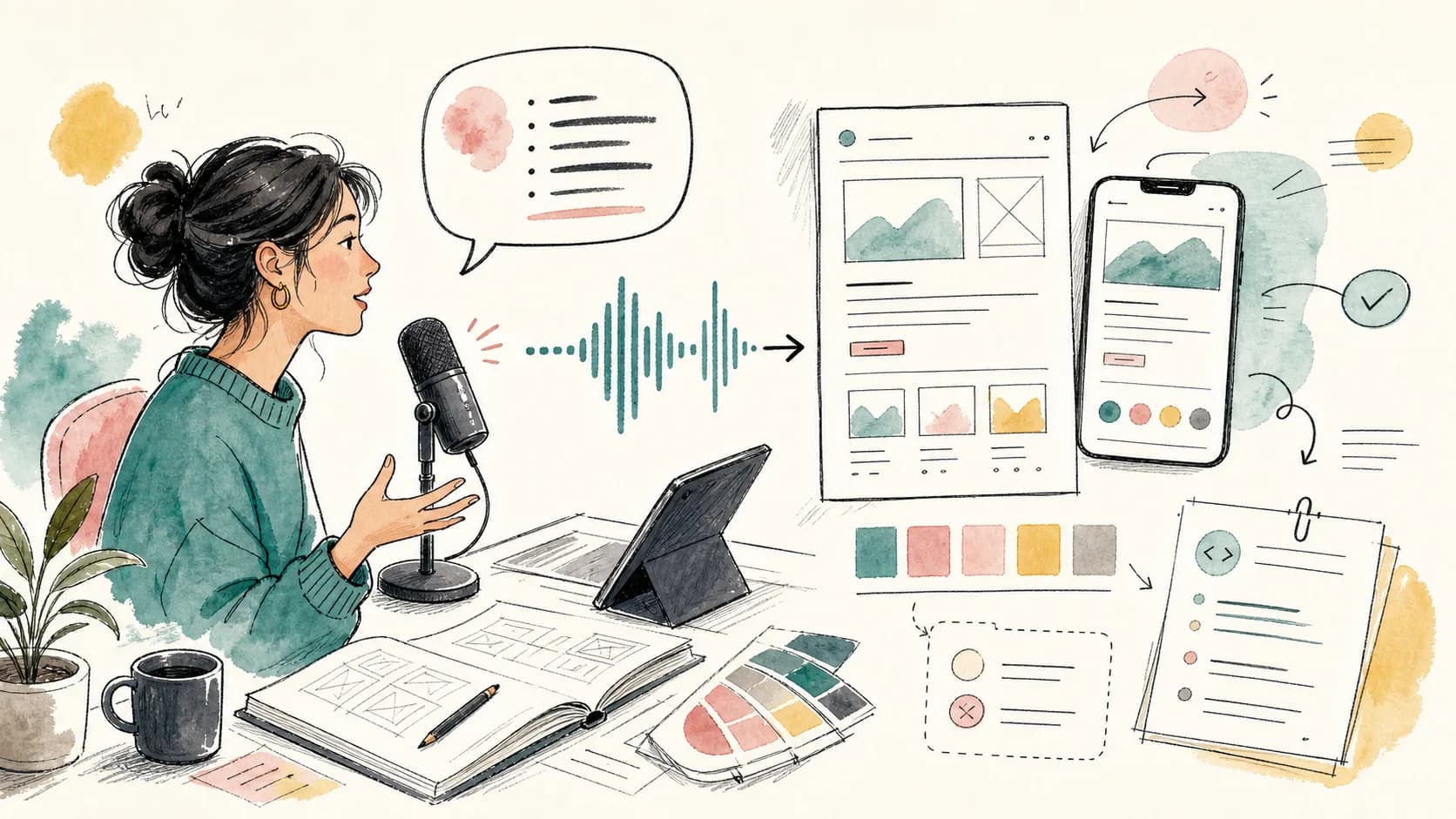 Abstract editorial illustration of design critique captured as polished handoff notes