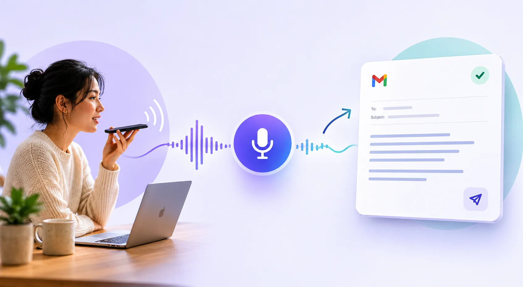 Voice dictation turning spoken email intent into a Gmail draft