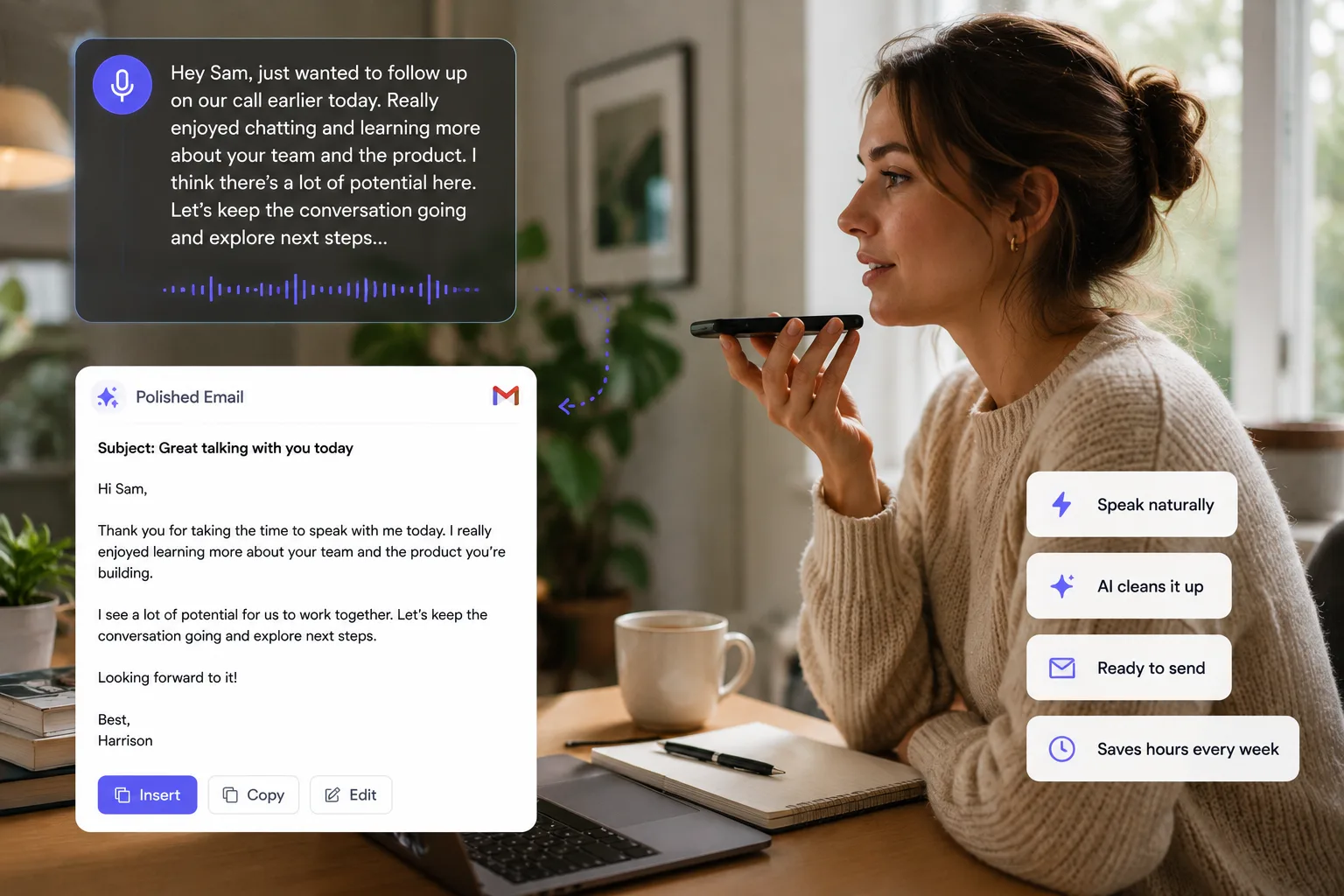 Voice dictation turning spoken follow-up notes into a polished email