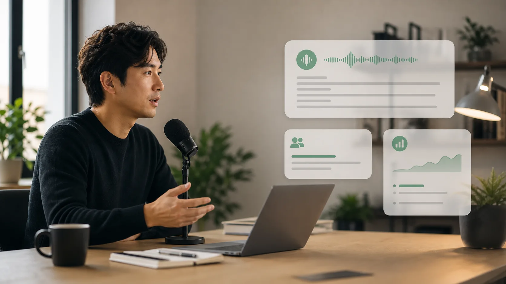 Abstract editorial illustration of founder voice notes becoming launch and team updates