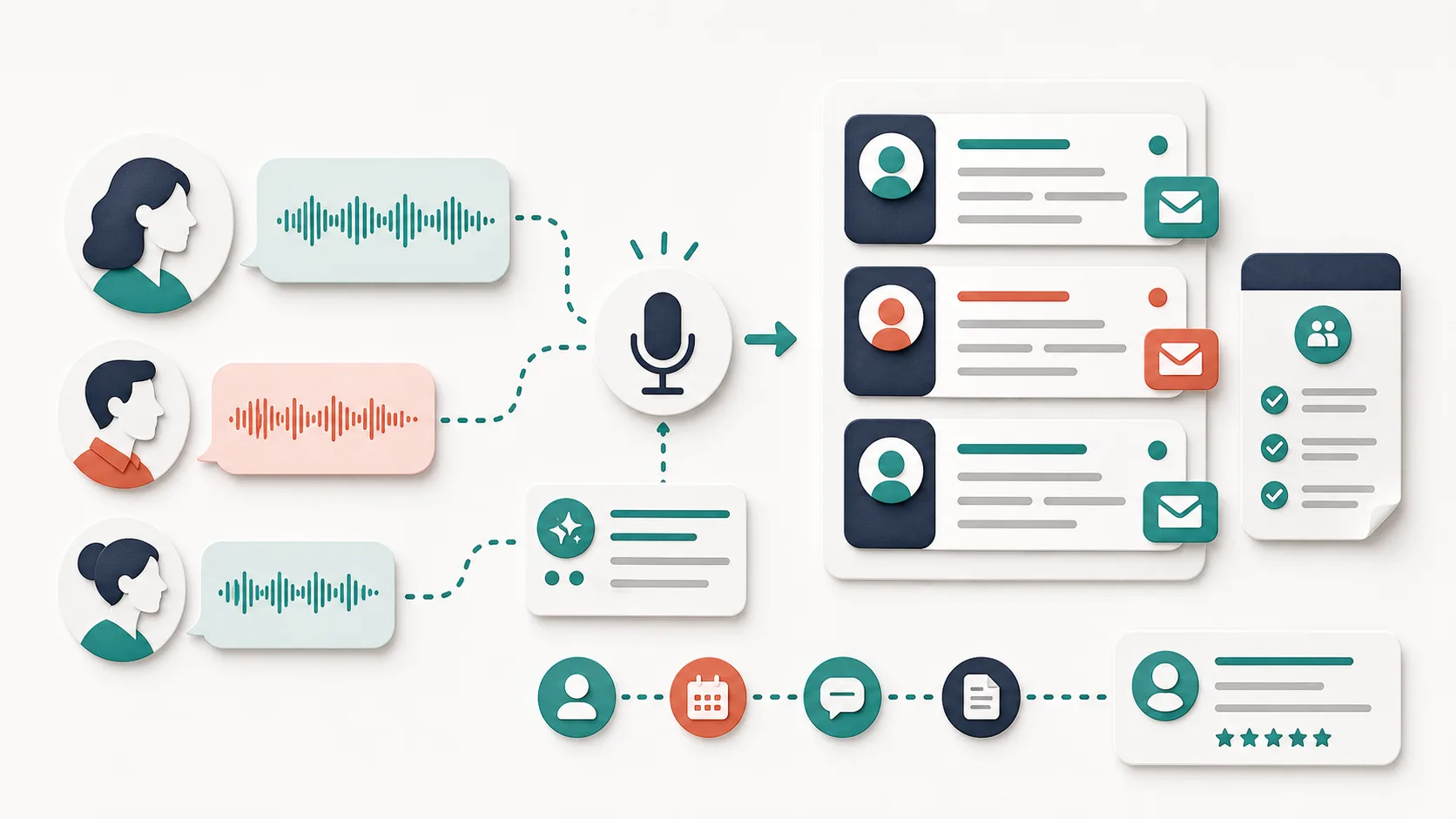 Abstract editorial illustration of recruiting conversations turning into candidate messages