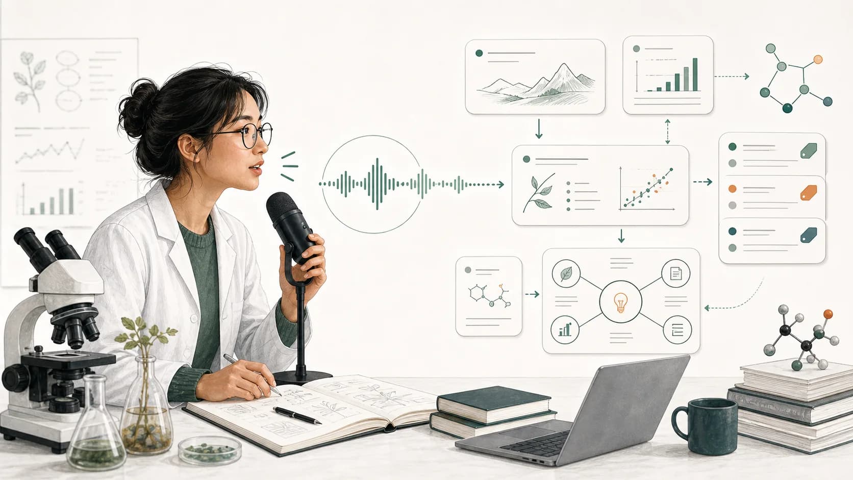 Abstract editorial illustration of research observations captured with voice dictation