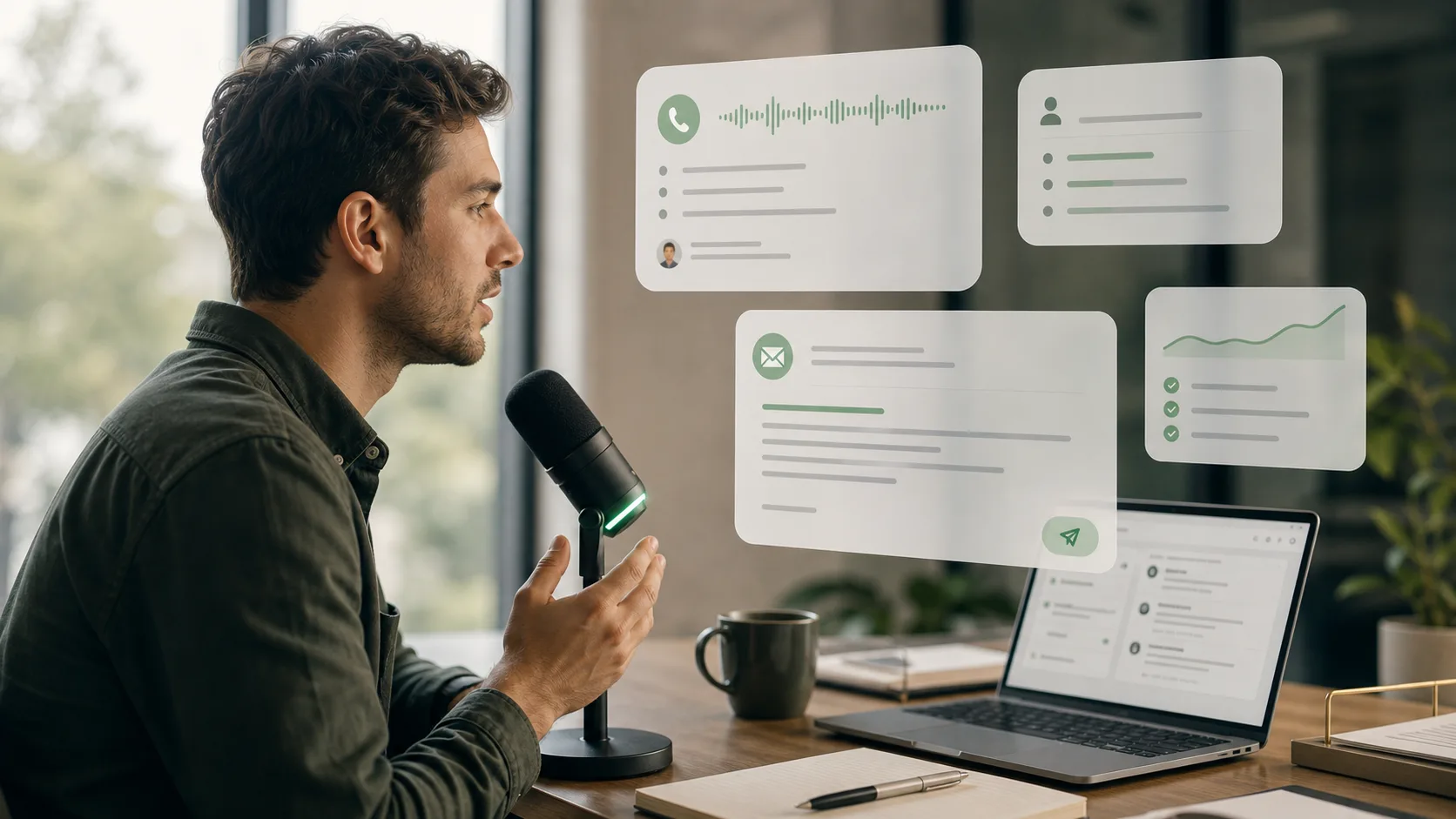 Abstract editorial illustration of sales call notes becoming follow-up messages