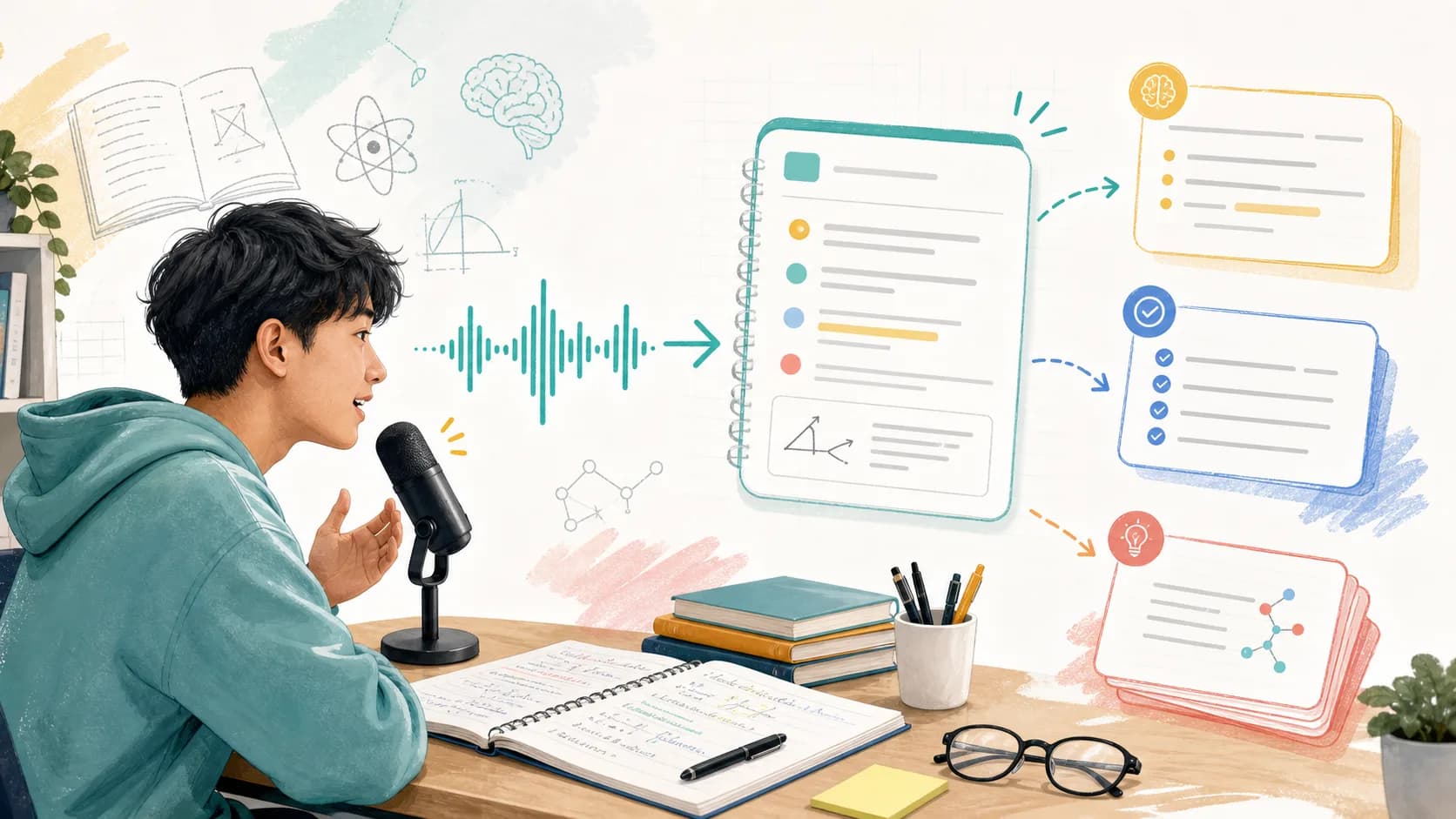 Abstract editorial illustration of student study notes captured by voice