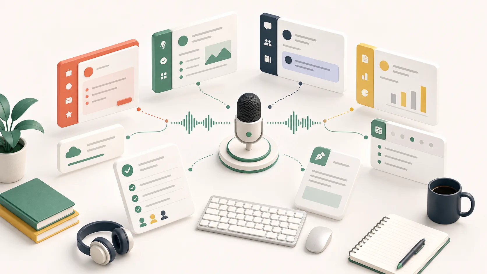 Abstract editorial illustration of voice-first productivity across work tools